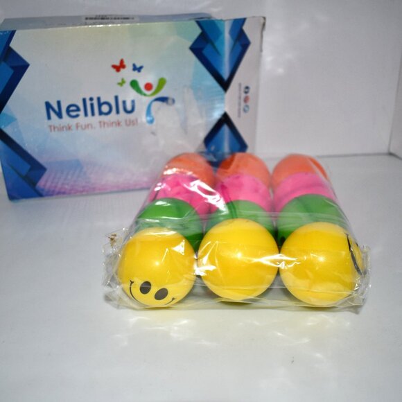 Neliblu Be Happy! Neon Colored Smile Funny Face Stress Balls Set of 12 Balls NIB - Picture 2 of 3